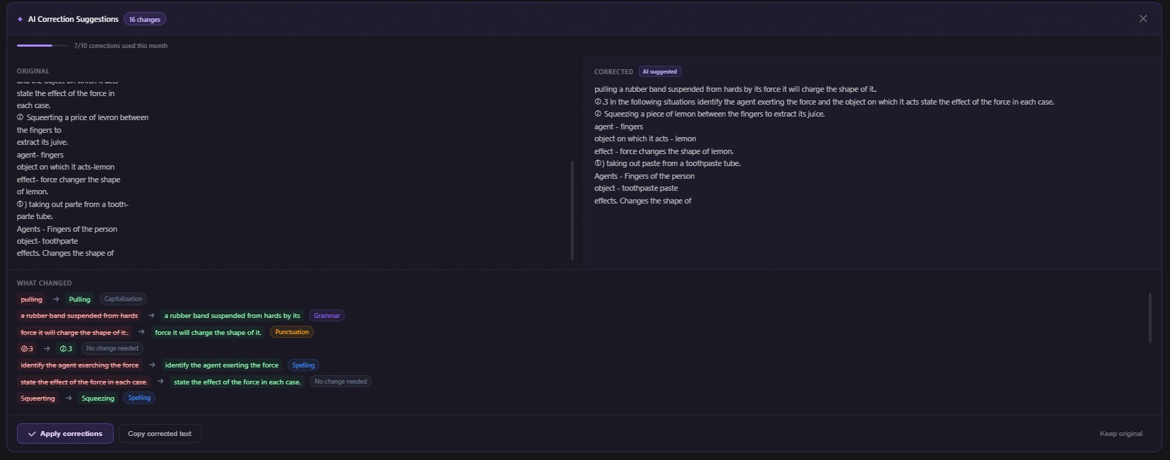 AI correction suggestions showing OCR errors fixed