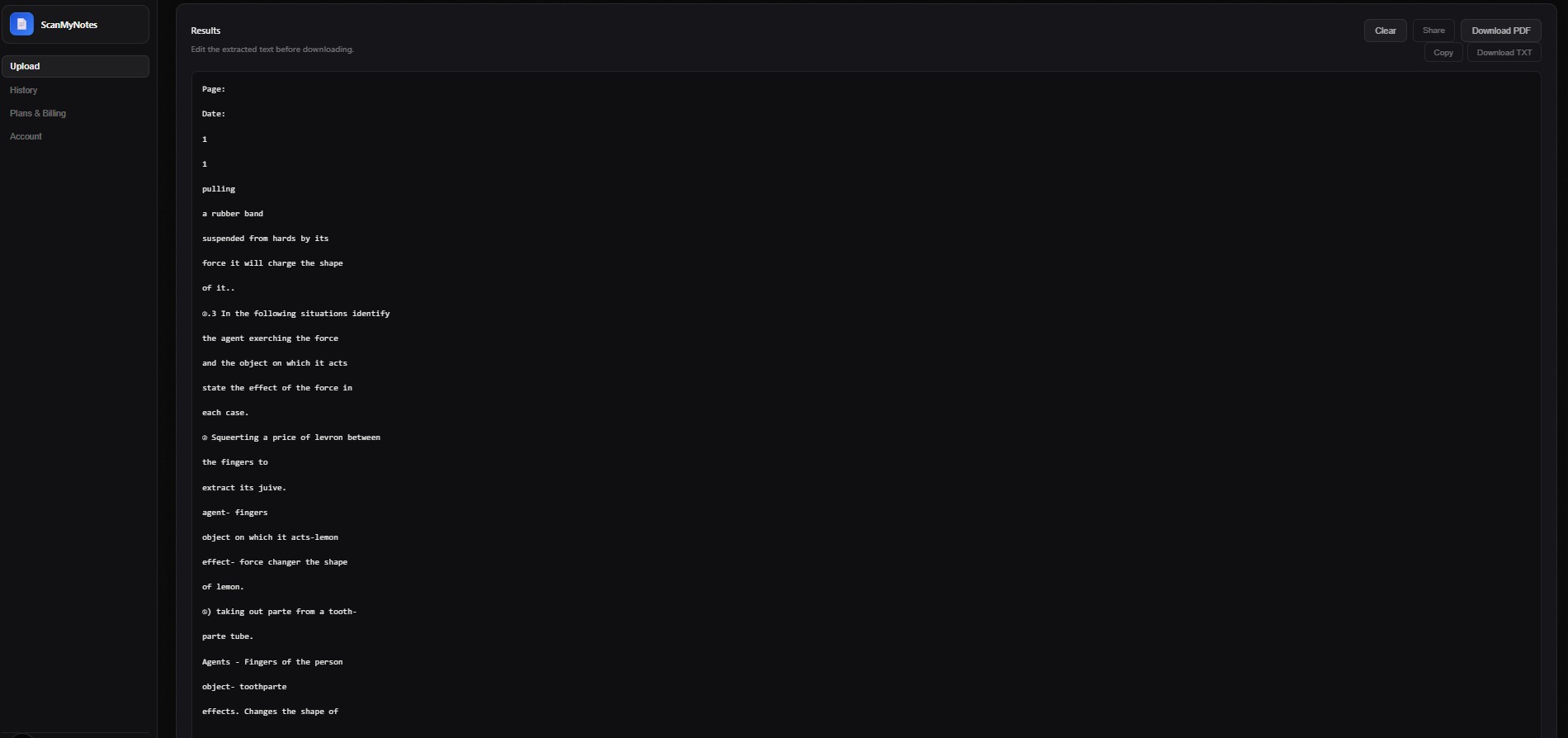 Extracted text result from handwritten notes